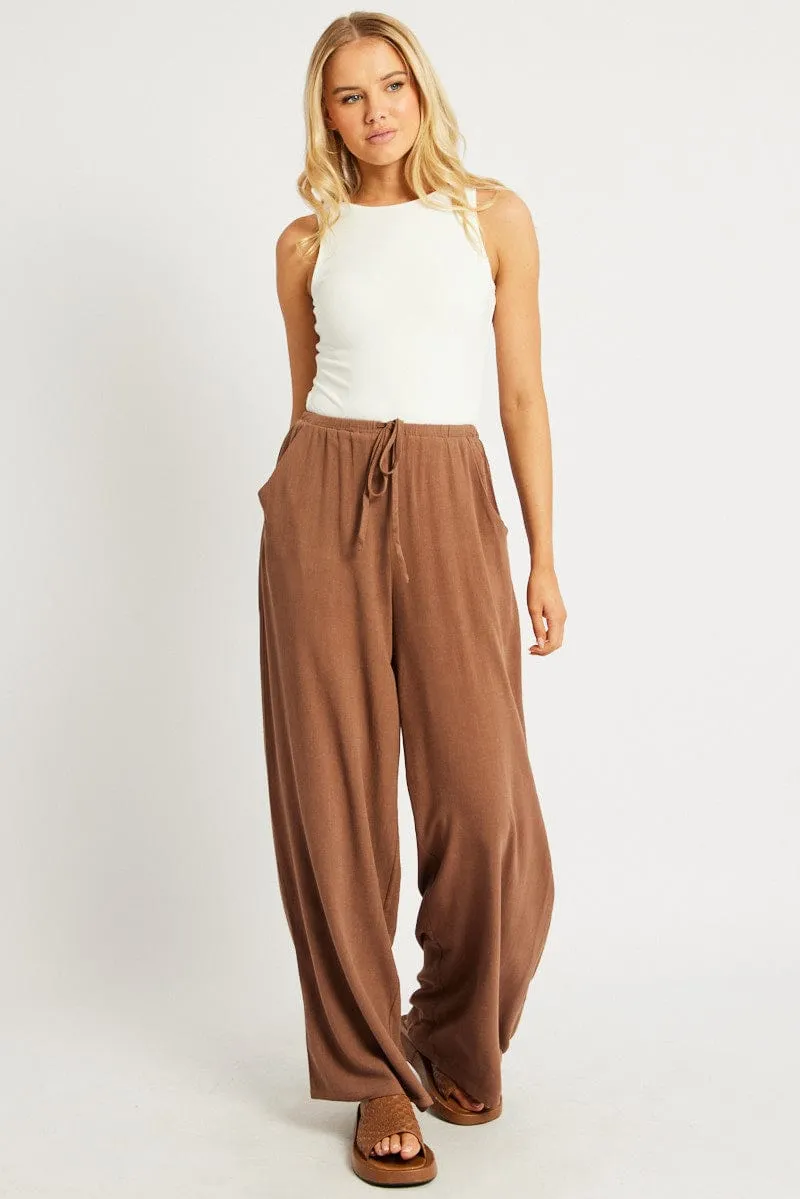 Brown Wide Leg Pants High Rise Dynamic Flex Panels