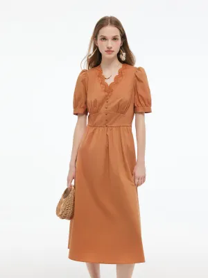 Embroidered Scallop Hem V-Neck Women Gathered Waist Maxi Dress LightweightInsulation