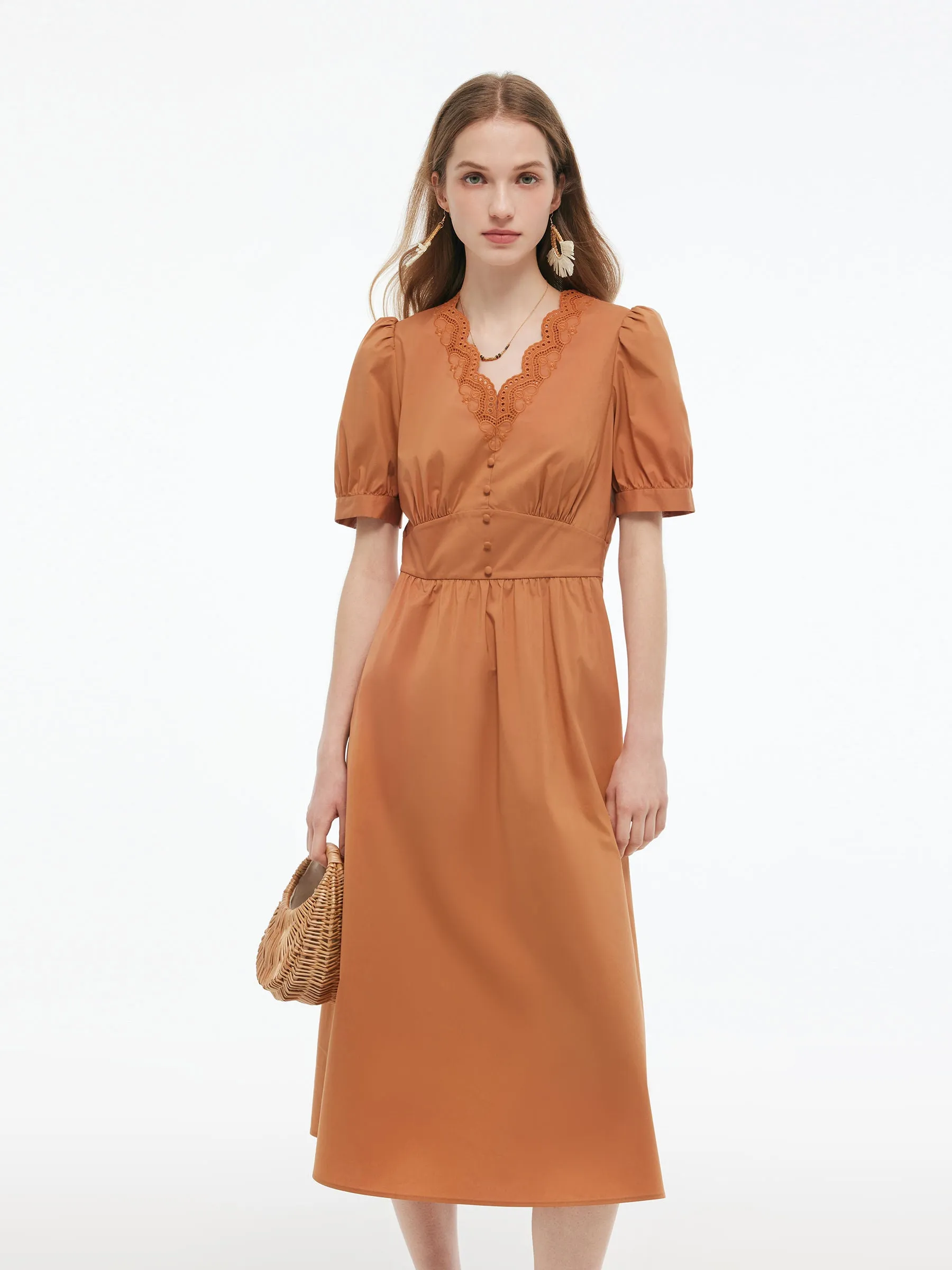 TaglessNeckline Grace Ease Embroidered Scallop Hem V-Neck Women Gathered Waist Maxi Dress