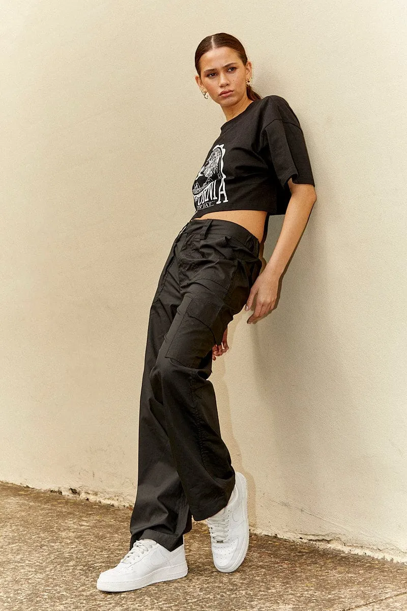 Black Cargo Pants Mid Rise FunctionalZipper