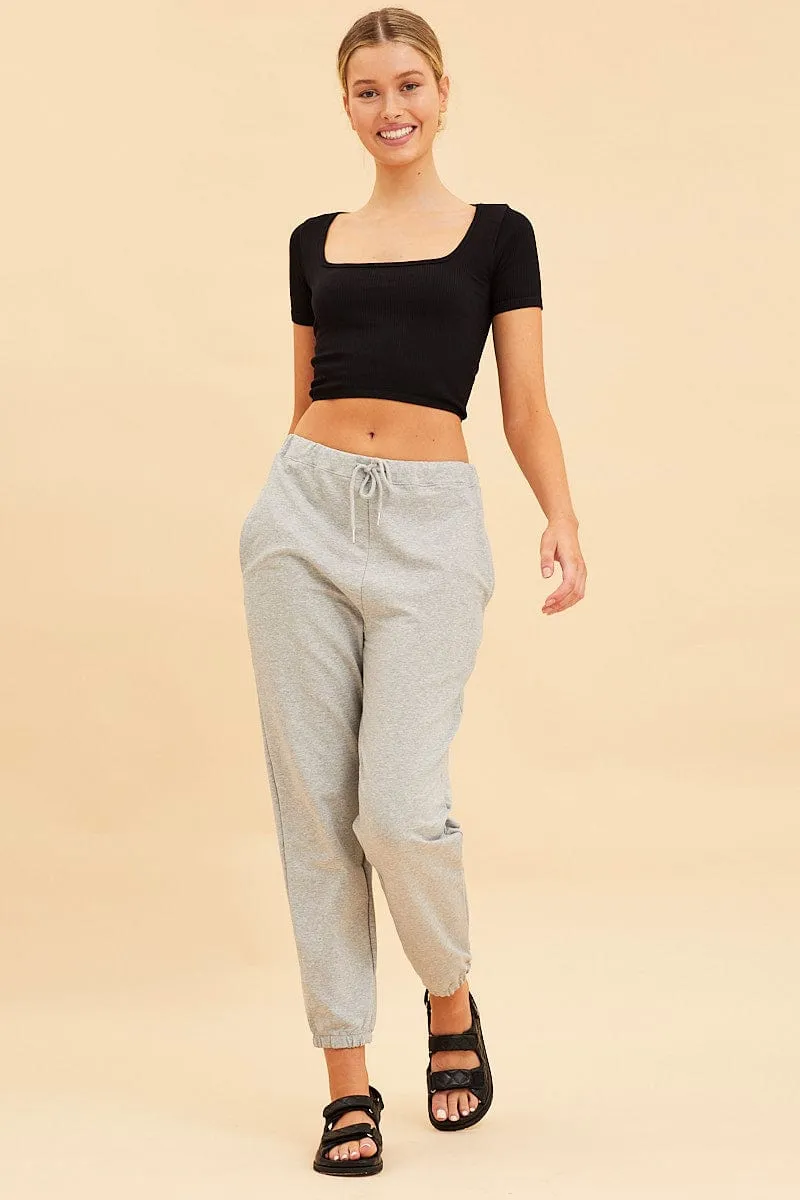 Grey Lounge Pant Cotton Terry Stretch Drawstring Waist Hidden Zip Pockets Stretch Fit Wear