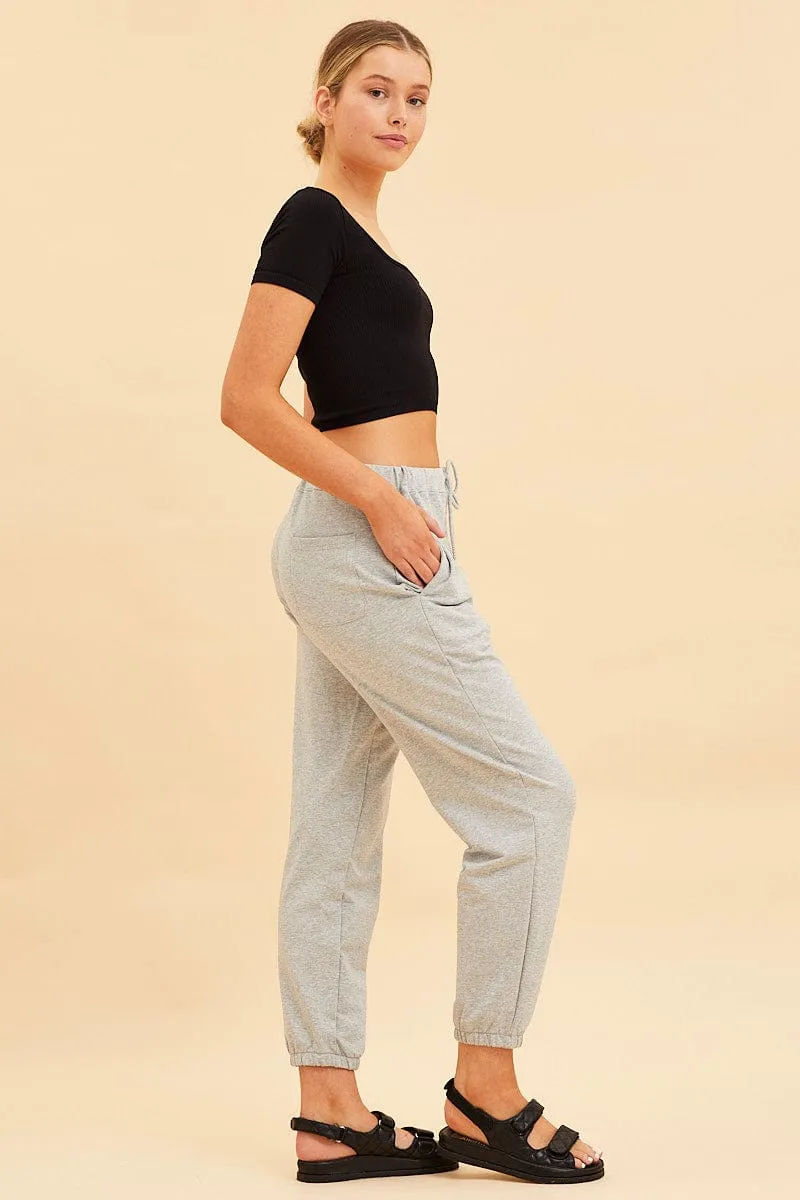 Grey Lounge Pant Cotton Terry Stretch Drawstring Waist SeamlessConstruction Modern Design