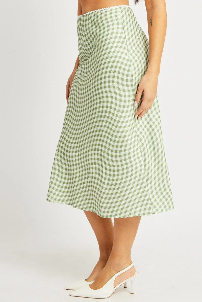 Roll Up Hem Green Check Slip Skirt High Rise Elasticated Waistband Midaxi