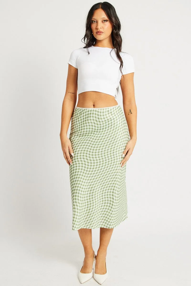 Green Check Slip Skirt High Rise Elasticated Waistband Midaxi Sustainable
