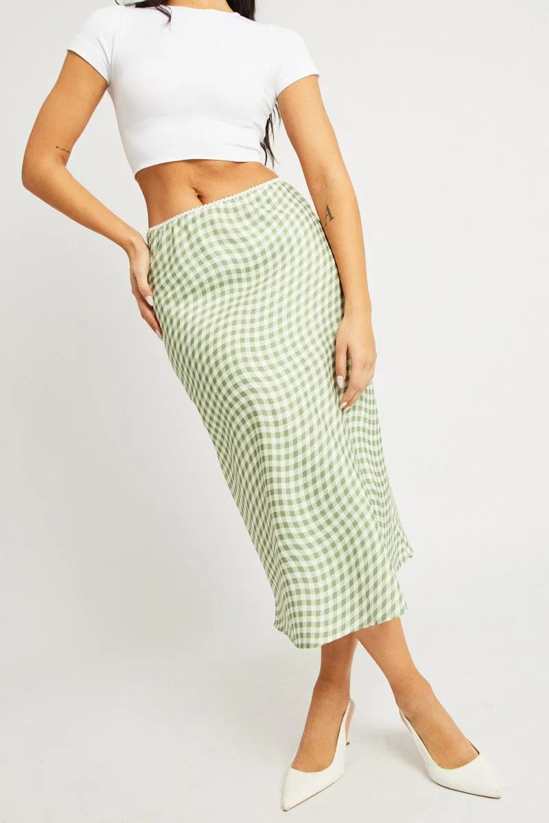Green Check Slip Skirt High Rise Elasticated Waistband Midaxi Floral Pattern Smooth Finish