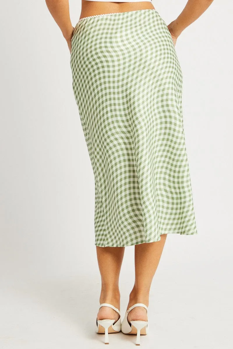 Layered Structure Green Check Slip Skirt High Rise Elasticated Waistband Midaxi
