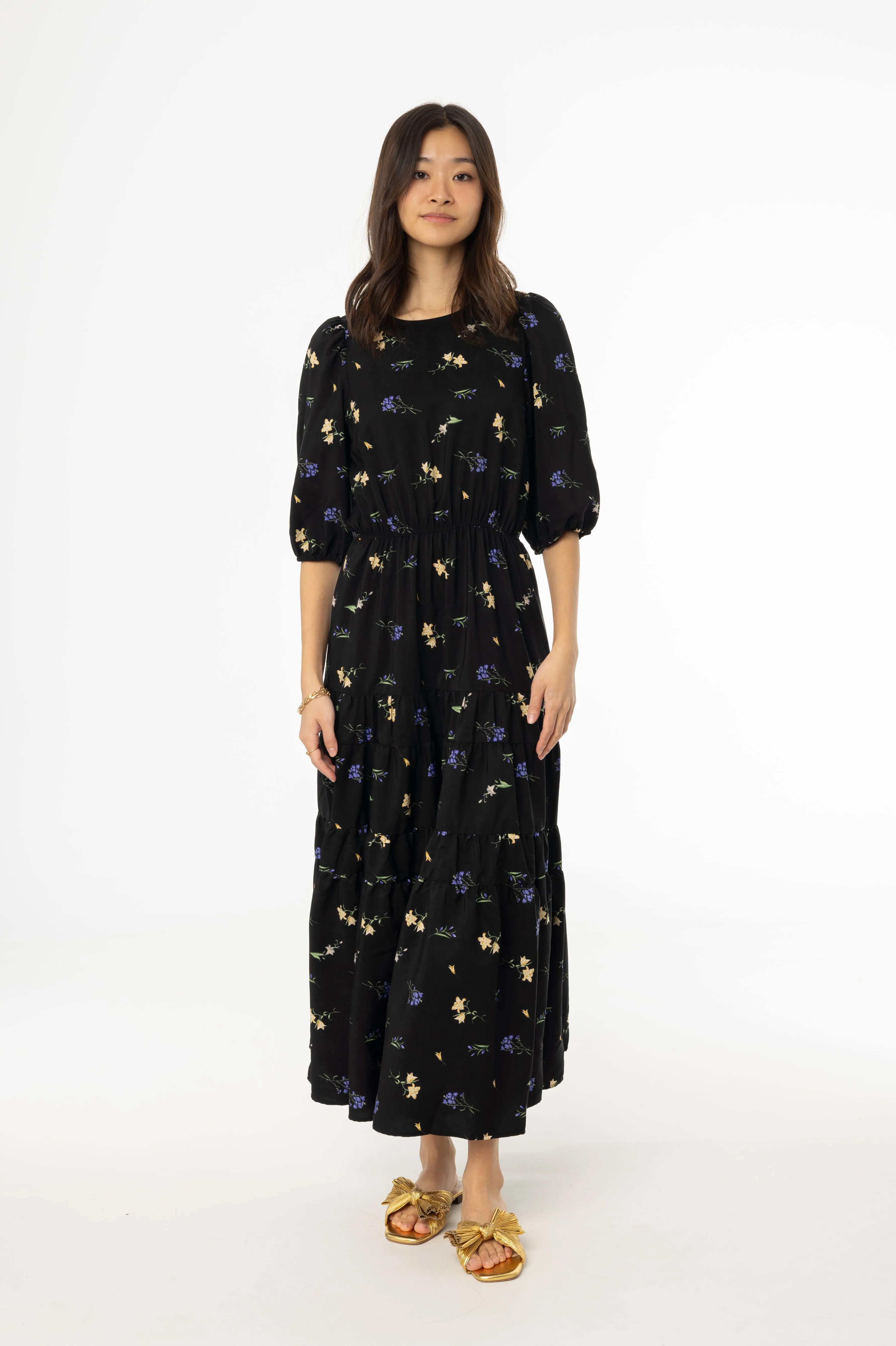 Airtight Zipper AntiStaticMaterial Black Floral Print Tiered Dress
