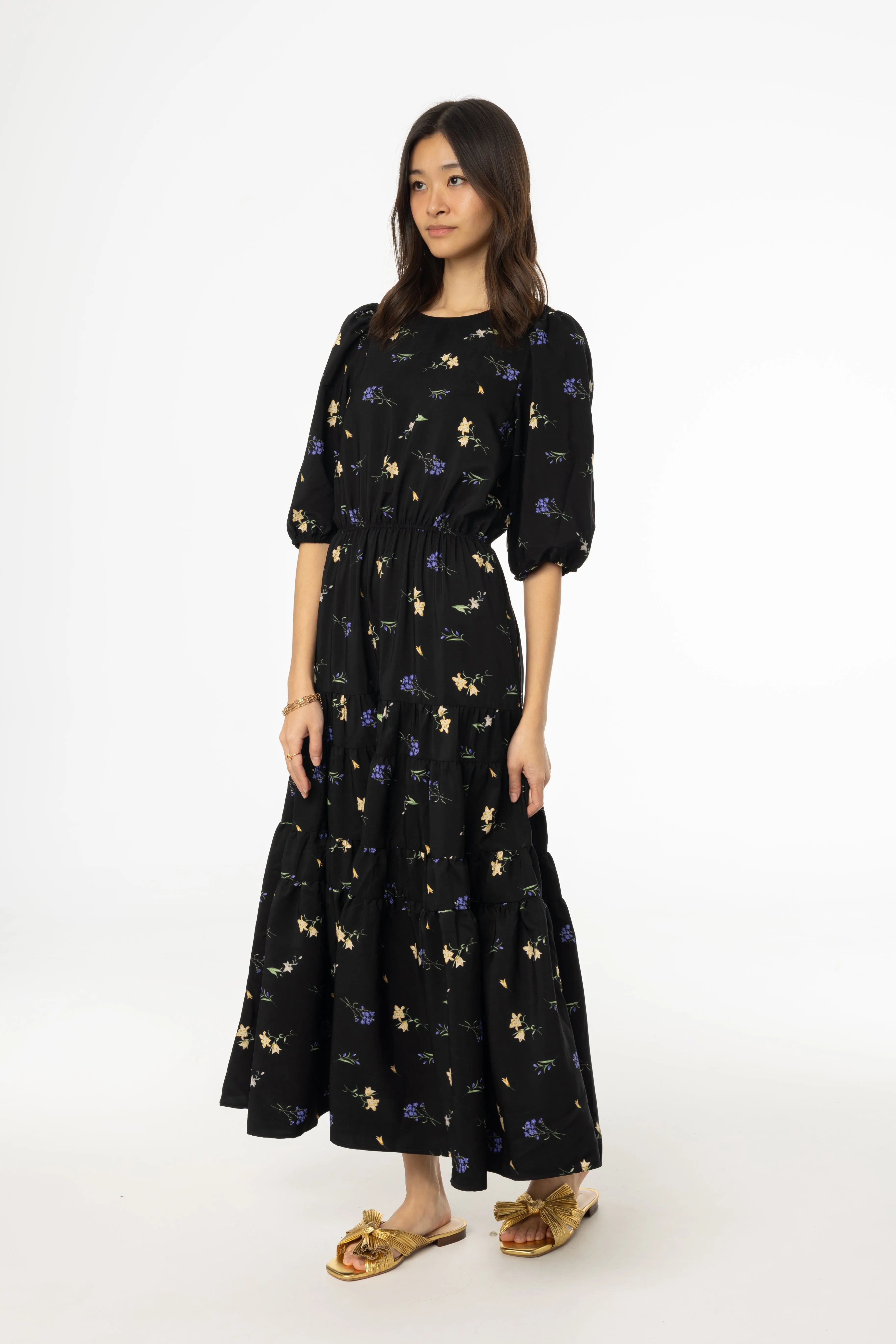 Smart Fit Black Floral Print Tiered Dress