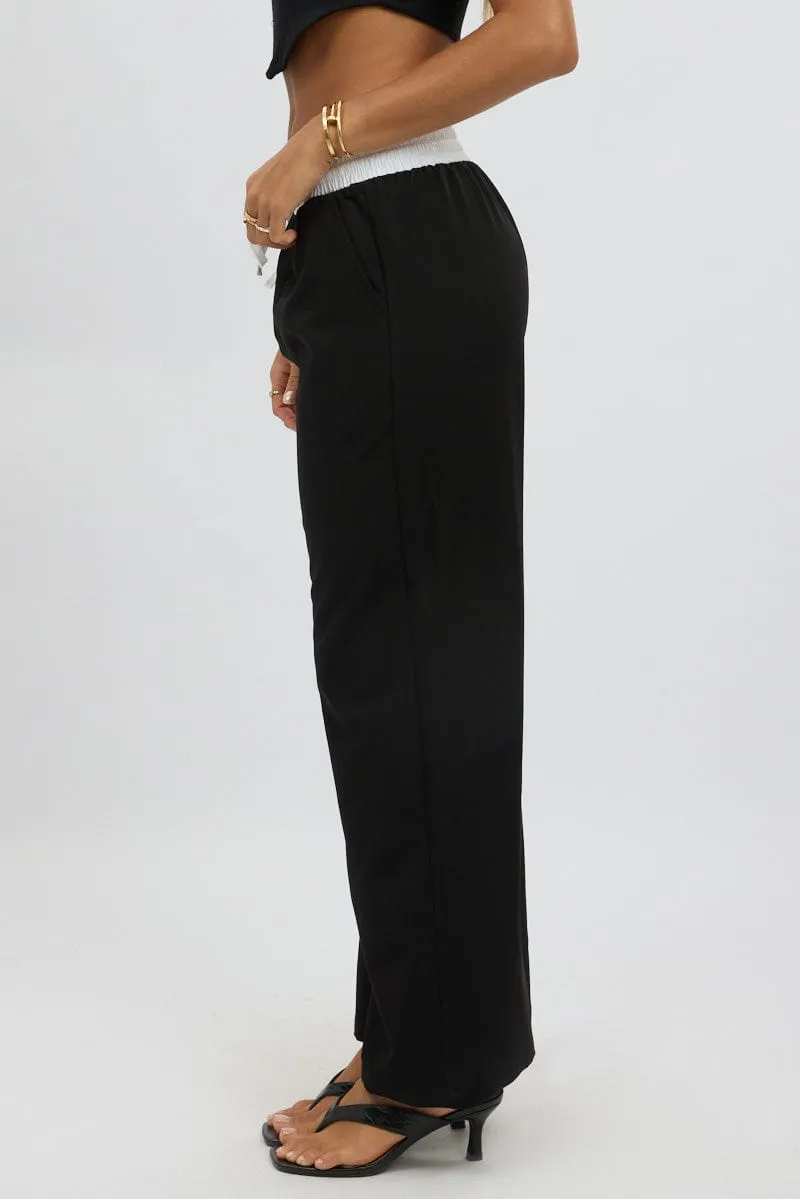 Black Wide Leg Pants Elasticated Contrast Waist Elasticized Cuffs Plaid detail