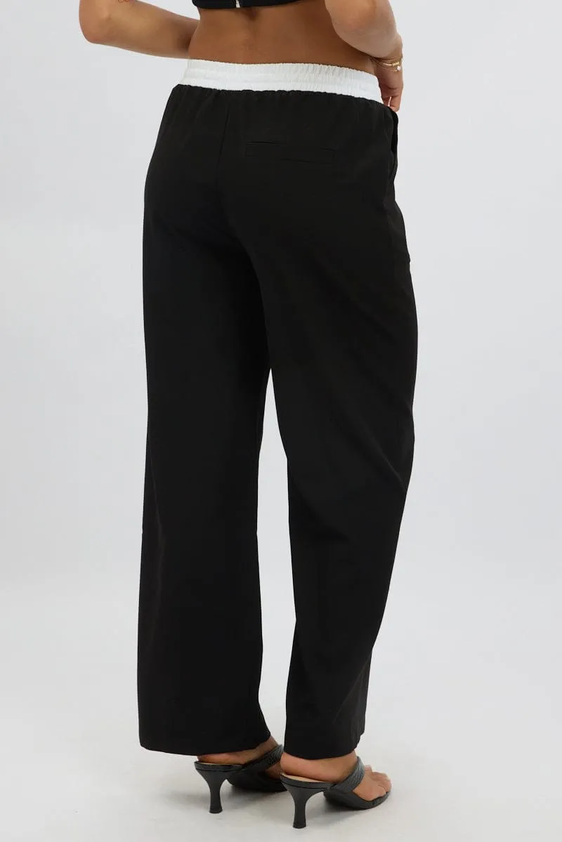 Black Wide Leg Pants Elasticated Contrast Waist Easy Care