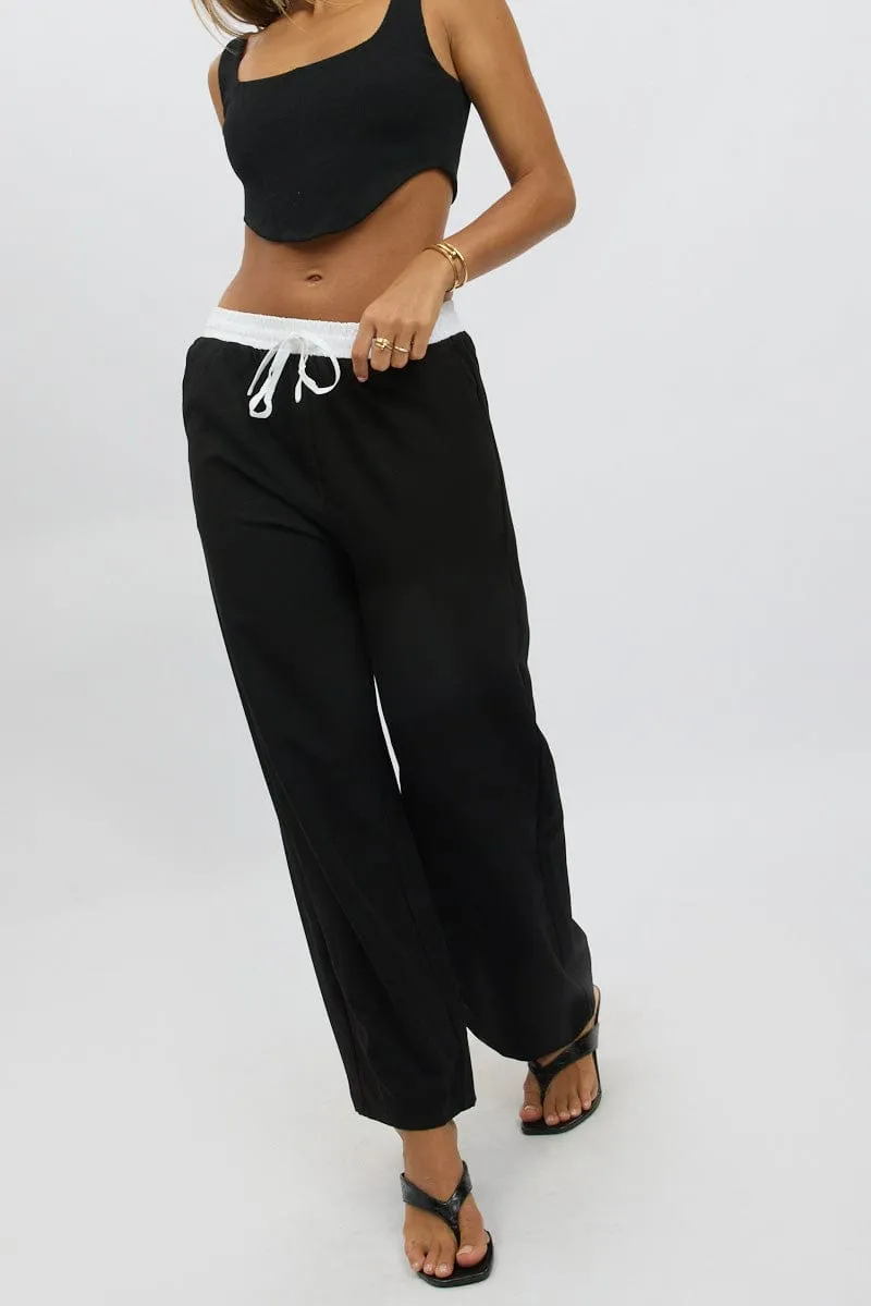 Black Wide Leg Pants Elasticated Contrast Waist Breathable Lining Slim Design