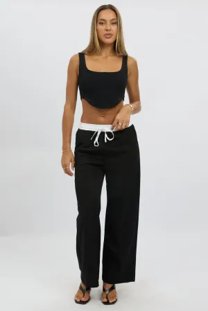 Black Wide Leg Pants Elasticated Contrast Waist SoftLining