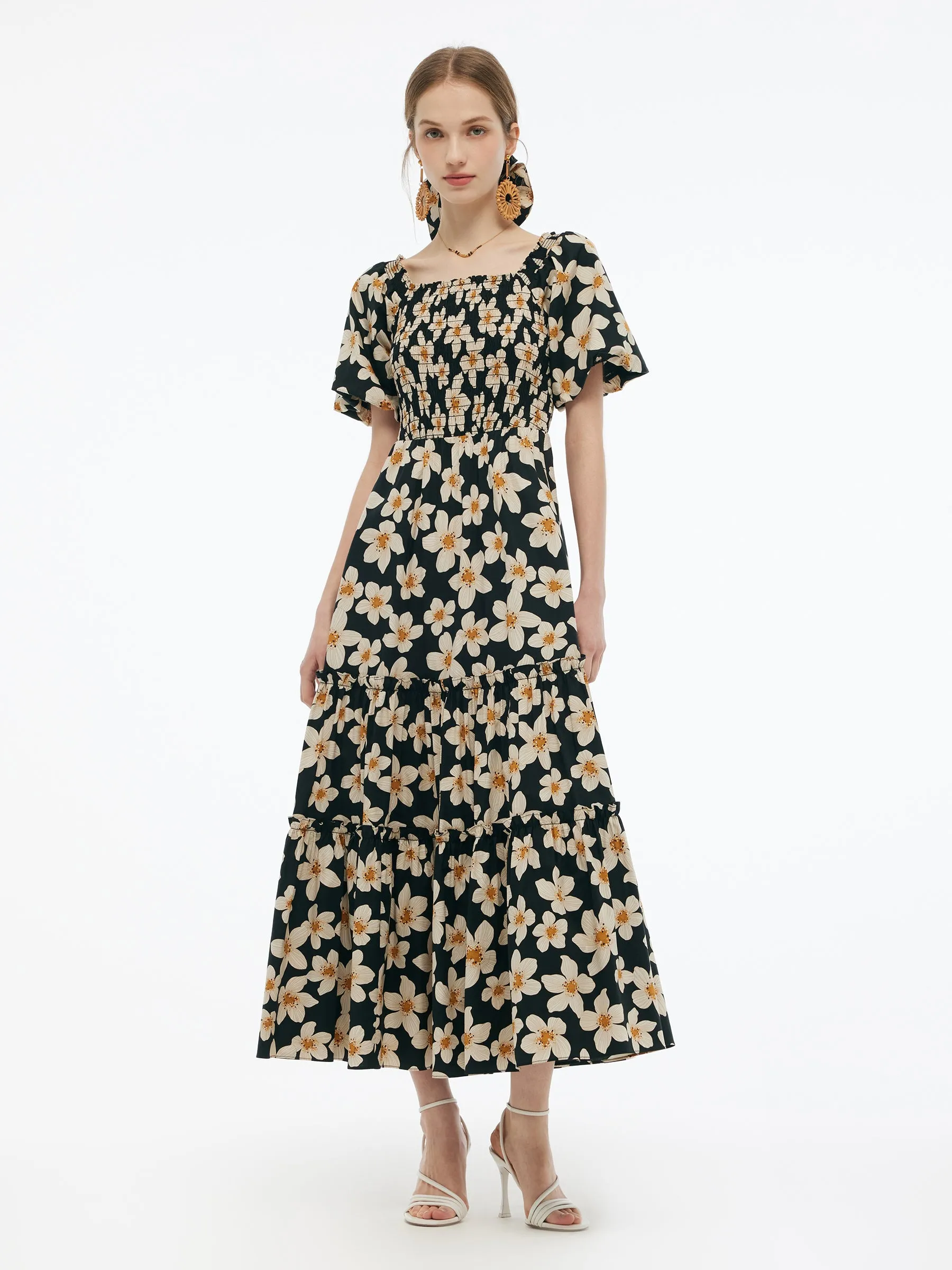 Cotton Stretch Floral Print Women Smocked Maxi Dress ReinforcedStitching