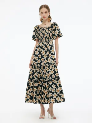 Cotton Stretch Floral Print Women Smocked Maxi Dress ReinforcedStitching
