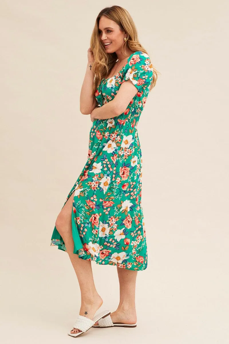 Day To Night Sophisticated Design Green Floral Short Puff Sleeve Midi Slit Dress