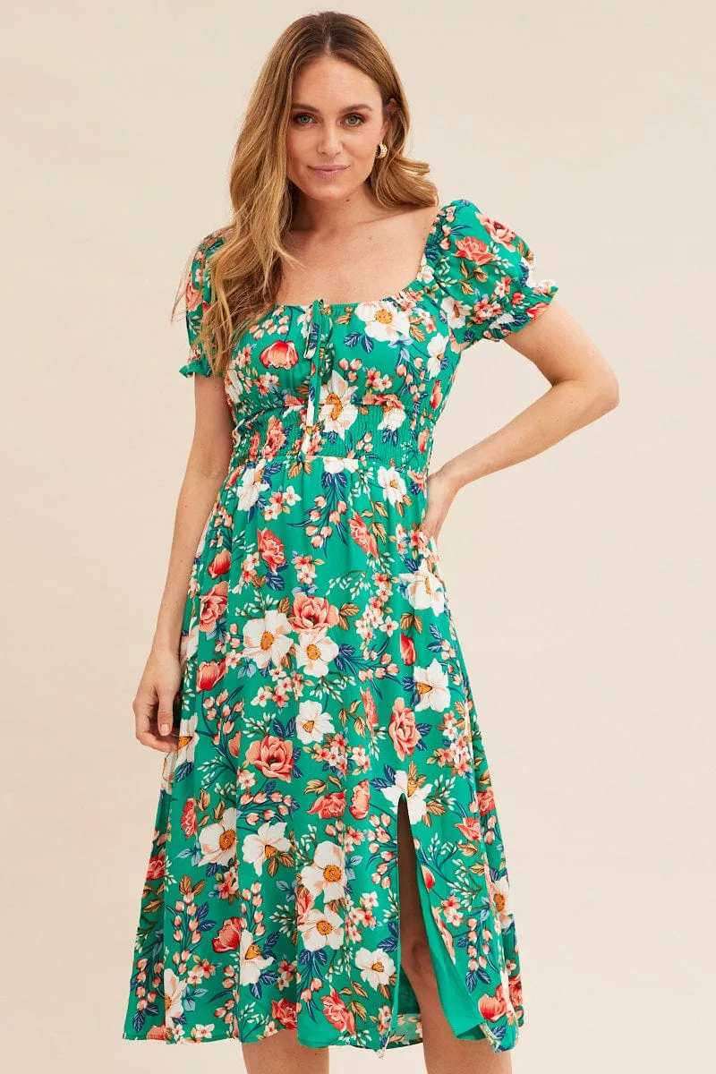 Fun and flirty dress Stylish Details Green Floral Short Puff Sleeve Midi Slit Dress