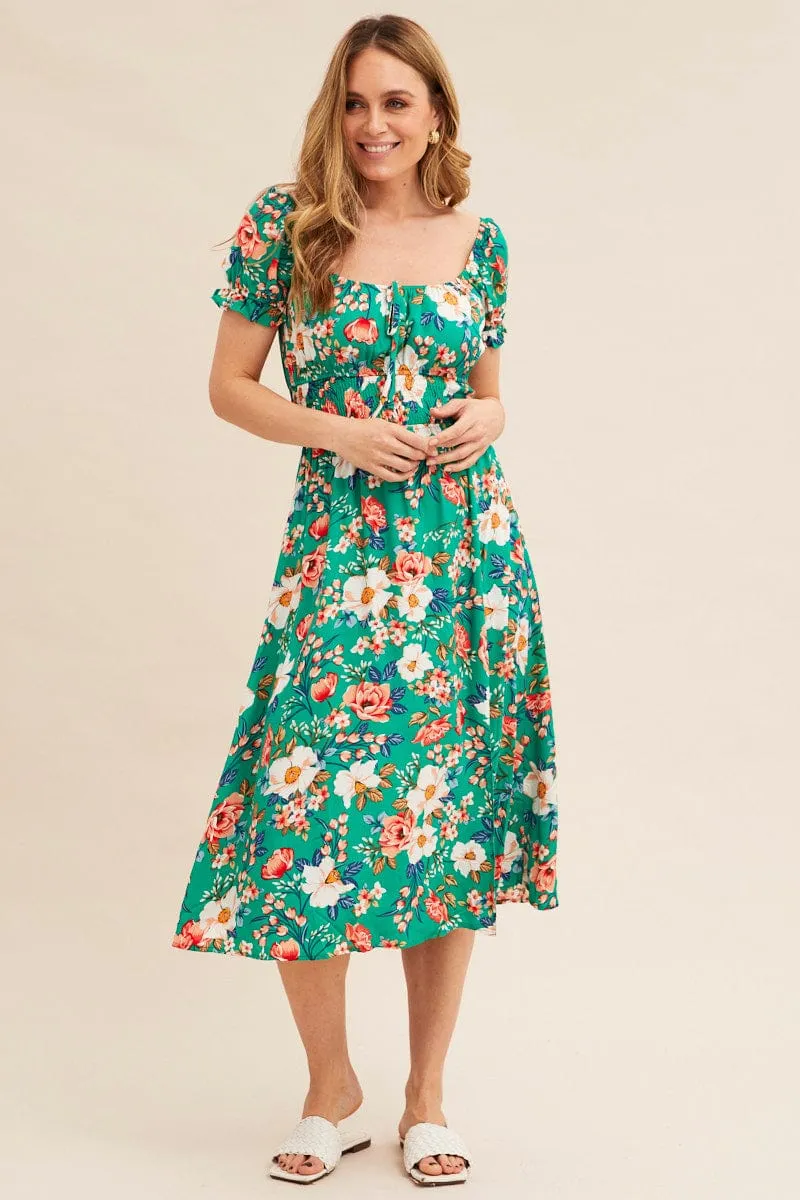 Smart Outfit Green Floral Short Puff Sleeve Midi Slit Dress