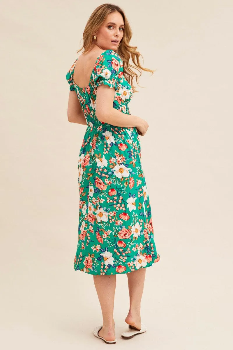 Evening Glam Fashionable details Green Floral Short Puff Sleeve Midi Slit Dress