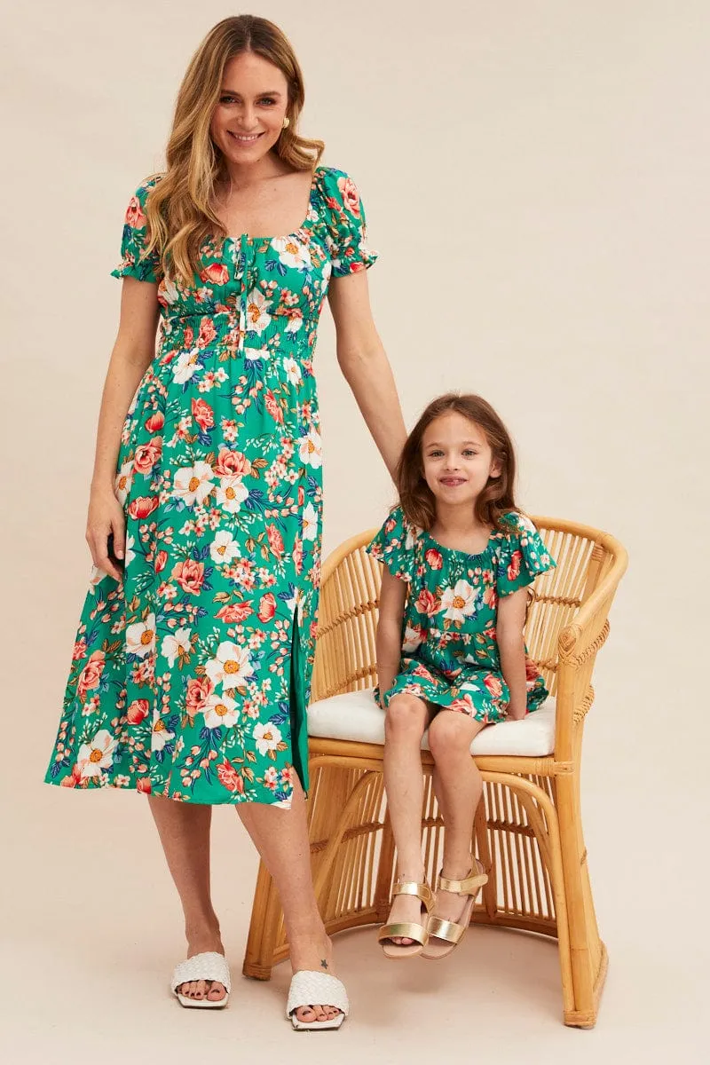old town Feminine Energy Green Floral Short Puff Sleeve Midi Slit Dress