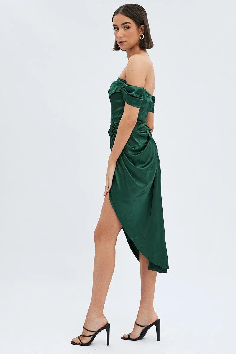 Bridge Walk Bird Call Green Dress Bardot Draped Satin