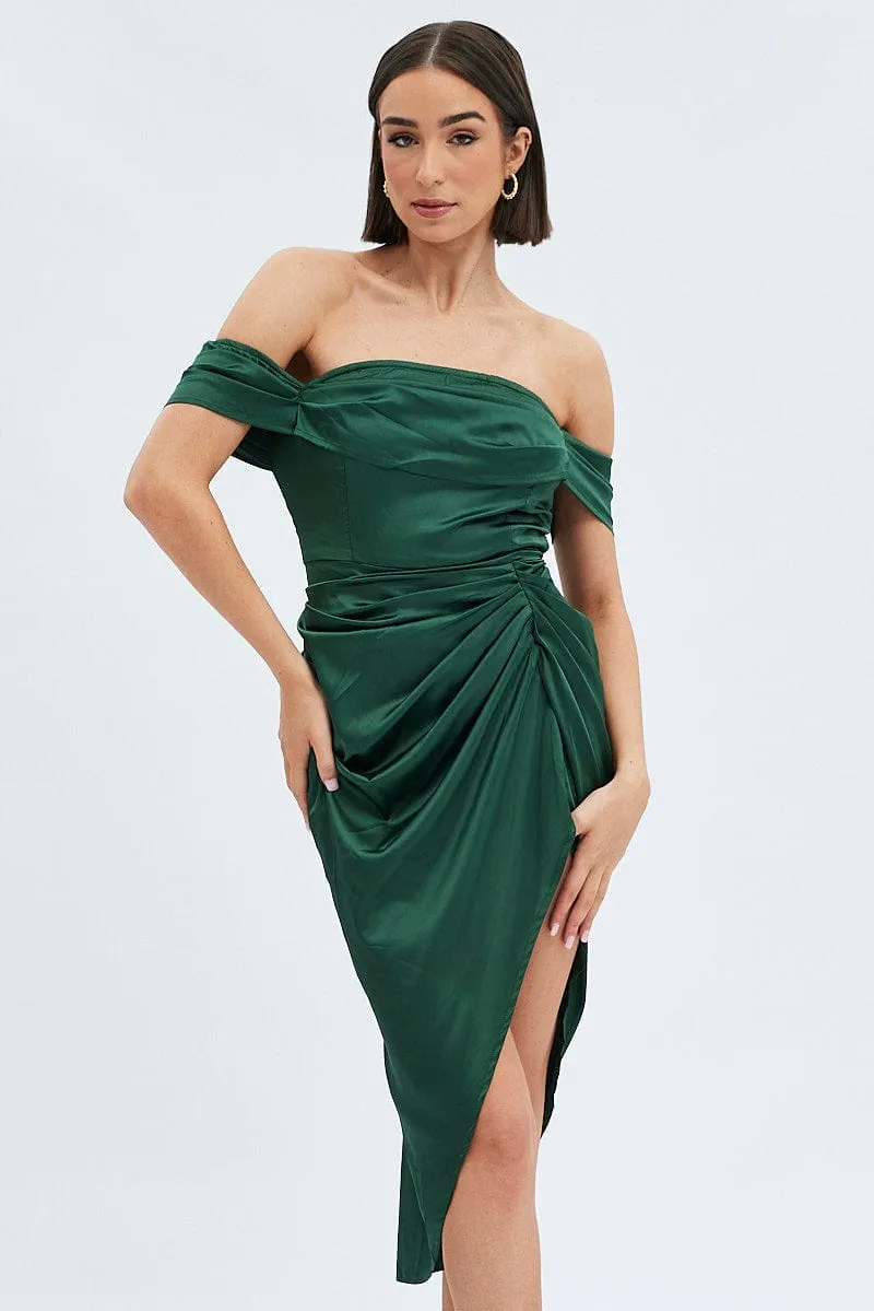 Chic Choices Green Dress Bardot Draped Satin