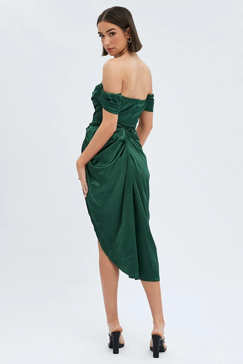Sleek Silhouette Modern Appeal Green Dress Bardot Draped Satin