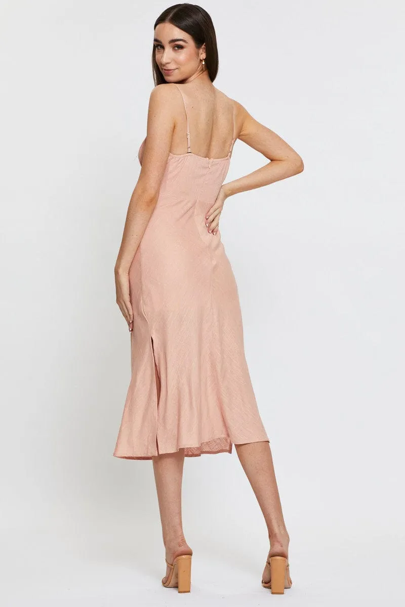Cotton Soft Pink Midi Dress Sleeveless Linen