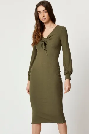 Green Ribbed Drawstring Midi Dress Versatile Wardrobe