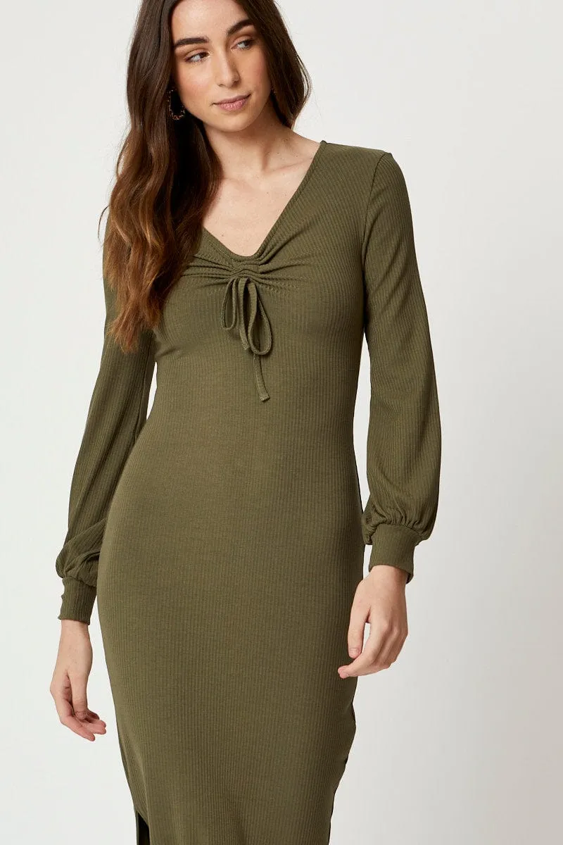 Green Ribbed Drawstring Midi Dress Rain Path Easy Fit