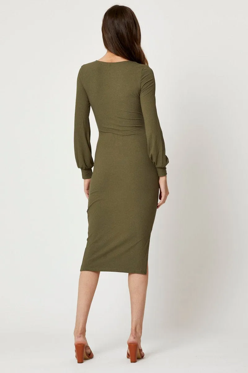 Green Ribbed Drawstring Midi Dress Temple Way