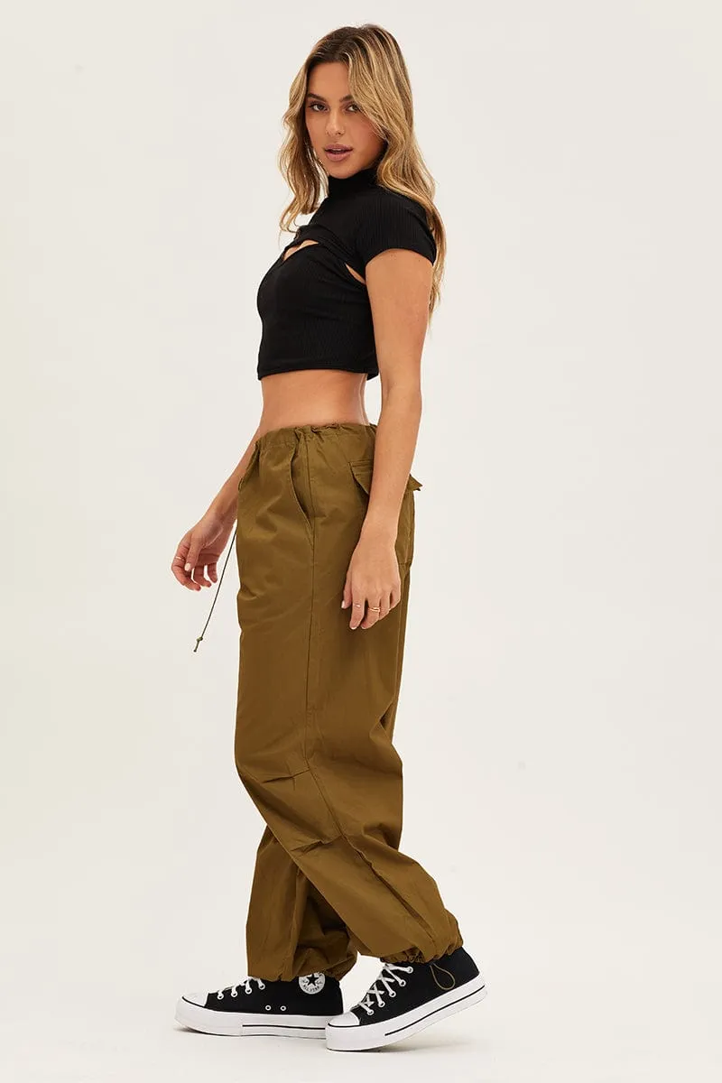 Flexible Ankle Cuffs Green Cargo Pants Low Rise