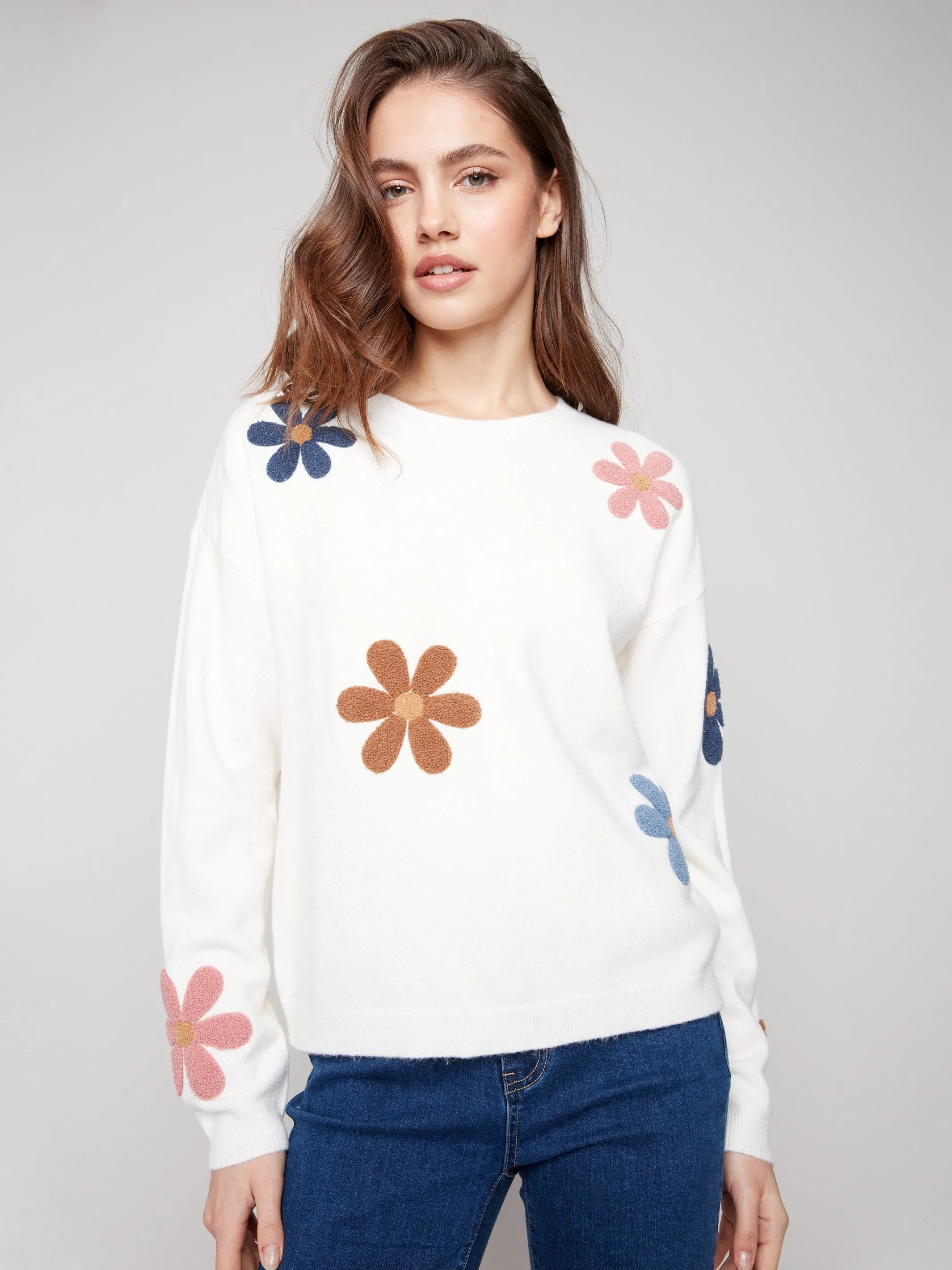 Trendy Design Layered Wearable Plush Sweater with Boucle Flowers - Ecru