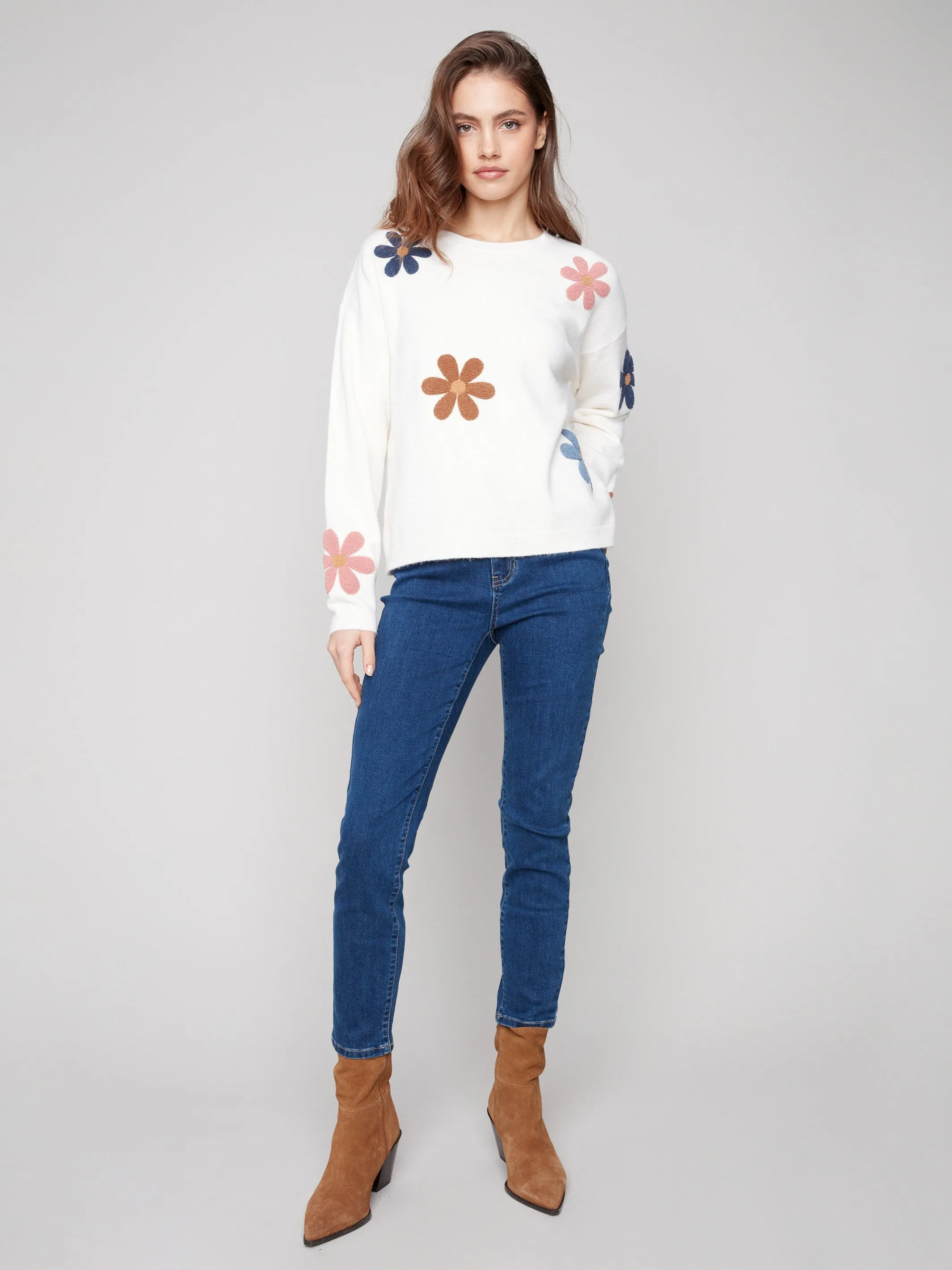Cozy Touch Plush Sweater with Boucle Flowers - Ecru