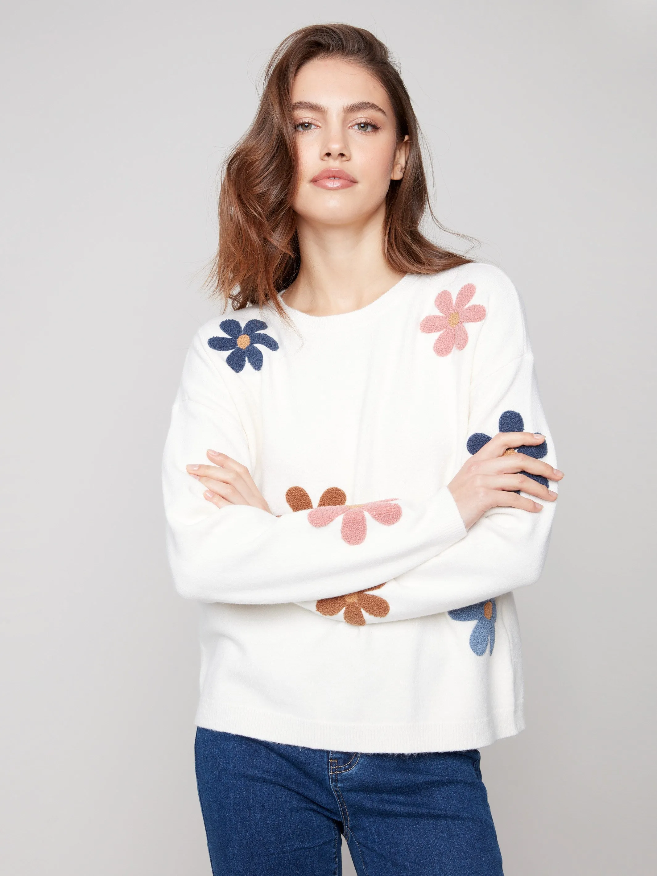 Plush Sweater with Boucle Flowers - Ecru Knit Comfort Wear Comfy Knit Look