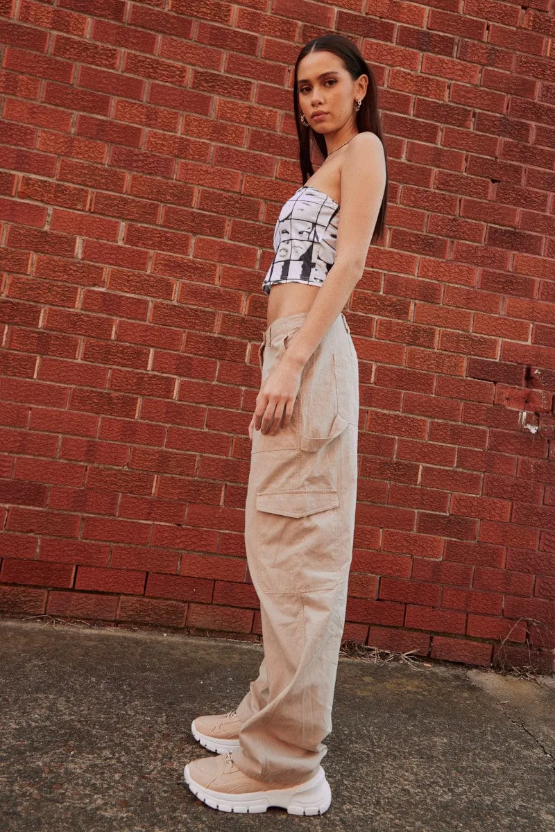 Beige Cargo Pant Mid Rise Durable Seams
