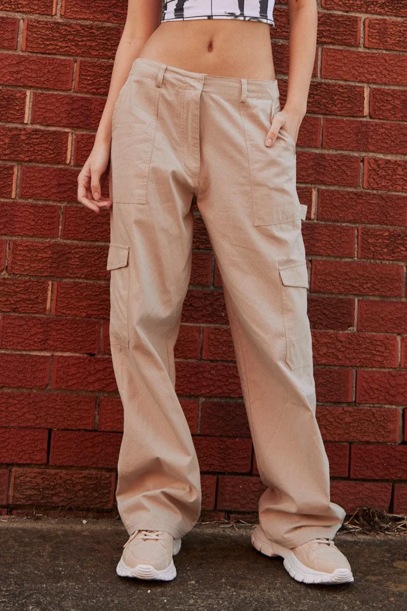 Beige Cargo Pant Mid Rise Feminine Fit Quality Fabric