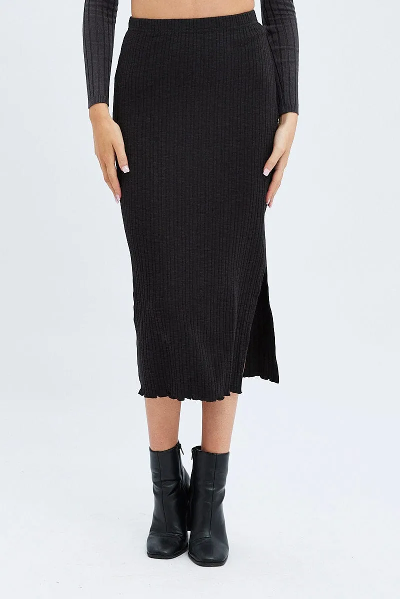 Black Maxi Skirt Side Slit lace accents Smooth Look