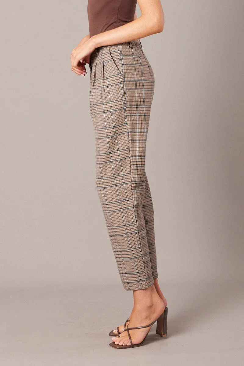 Blue Check Tapered Pants High Rise HiddenPockets