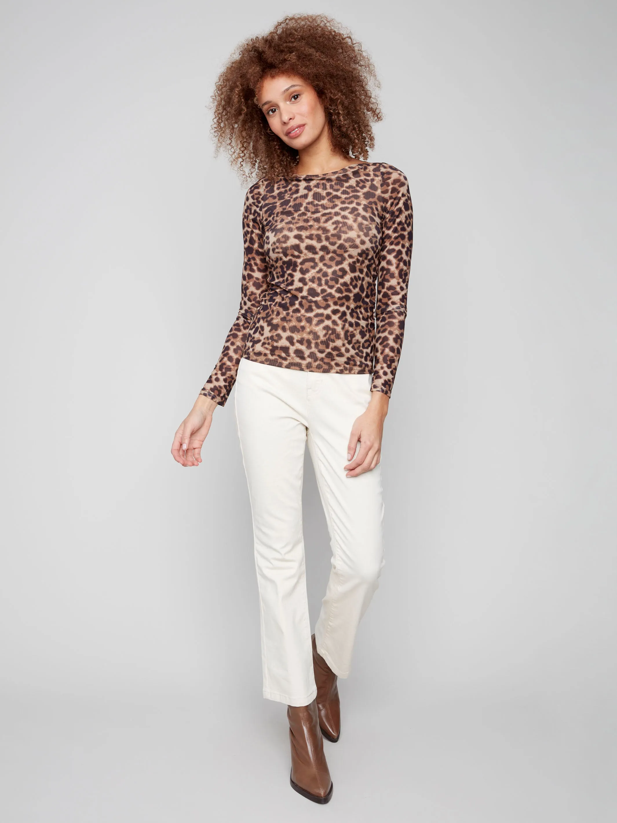 Printed Ruched Mesh Top - Leopard Everyday Casual Gym workout