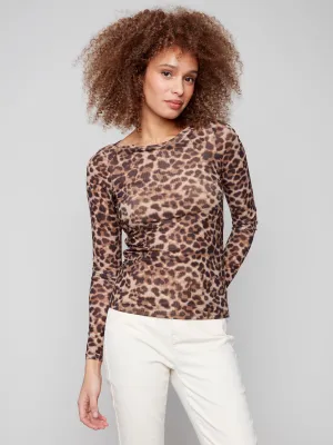 Printed Ruched Mesh Top - Leopard Minimalist Wear