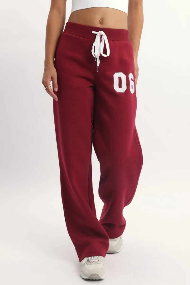 Red Track Pants Wide Leg Curved Waistline