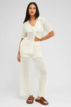 White Knit Pants Wide Leg Crochet Durable Hem