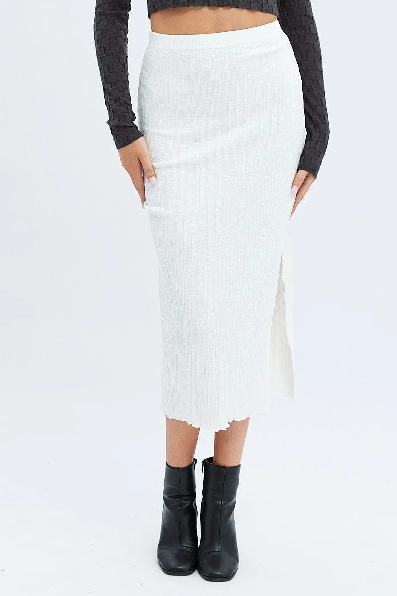 Embossed Detail Stretchy White Maxi Skirt Side Slit