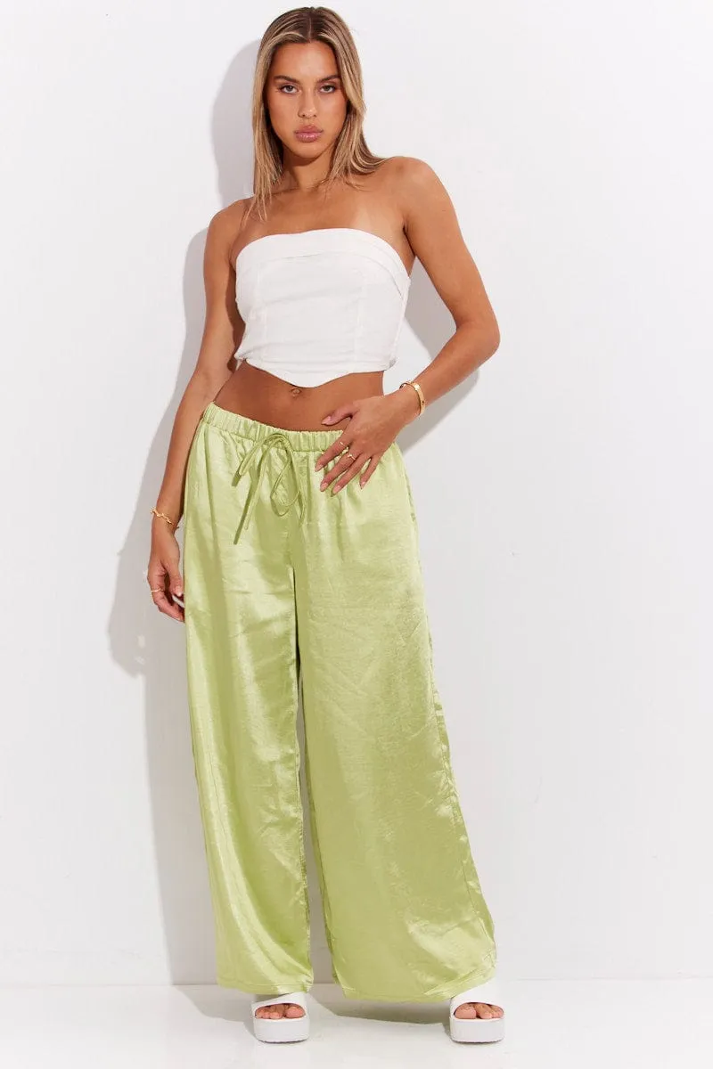 LightweightWeave Softened Hem Green Pant High Elastic Waist Tie Front Wide Leg Satin