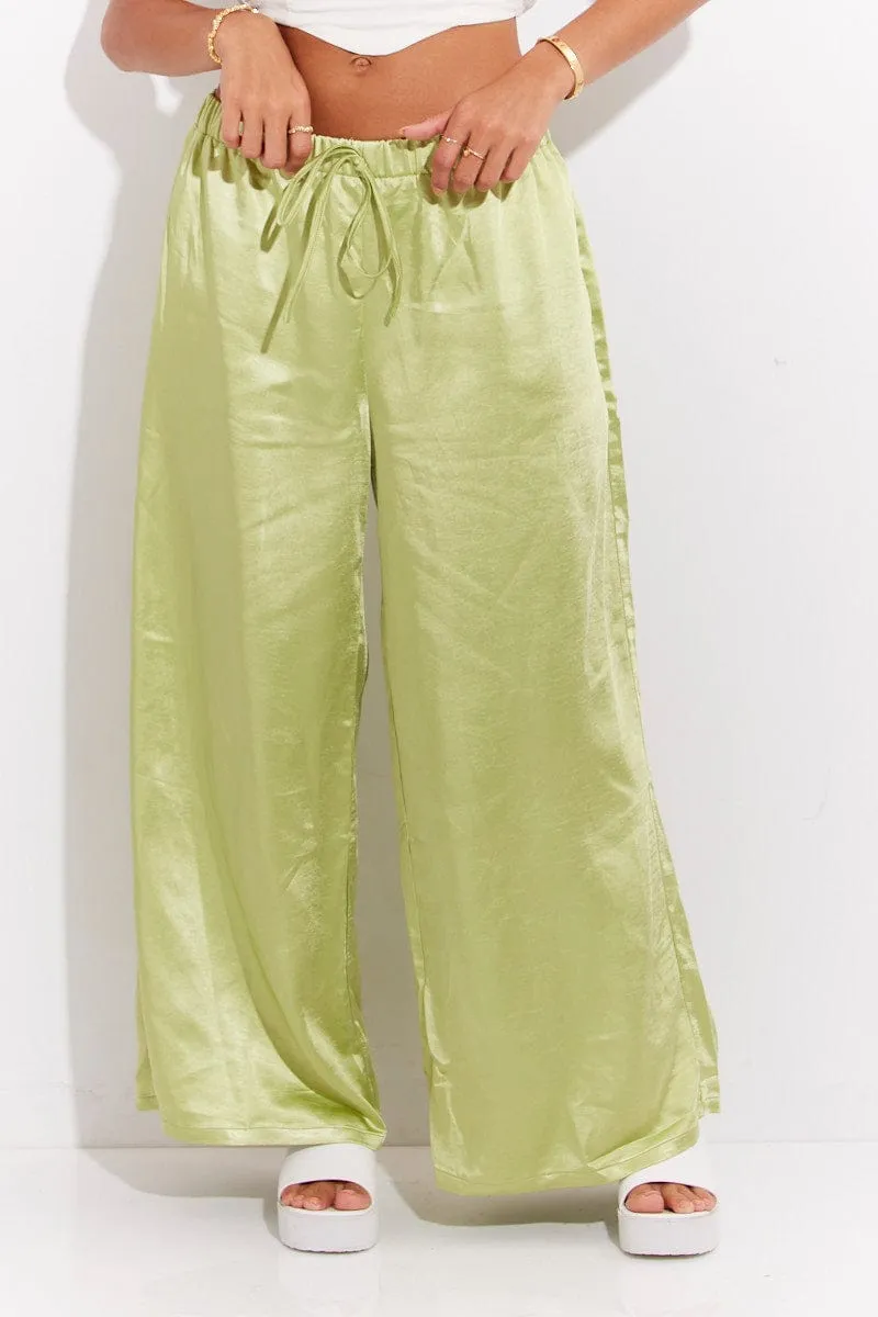 Green Pant High Elastic Waist Tie Front Wide Leg Satin Moisture Wicking Fabric ReinforcedBeltLoops