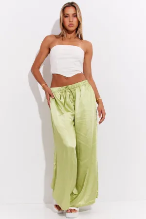 Green Pant High Elastic Waist Tie Front Wide Leg Satin Flexible Seam Daily Motion