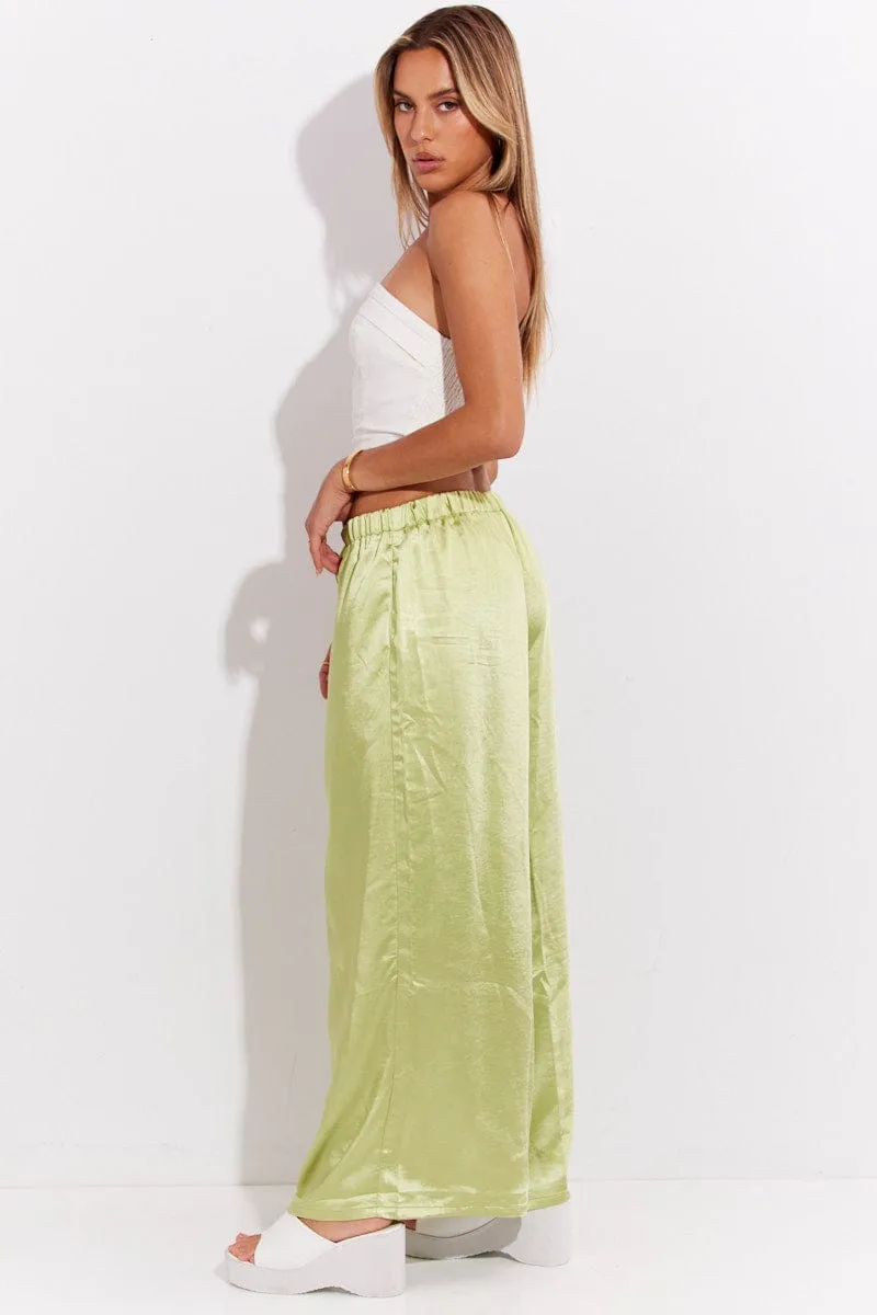 Functional Style Comfortable Fashion Green Pant High Elastic Waist Tie Front Wide Leg Satin