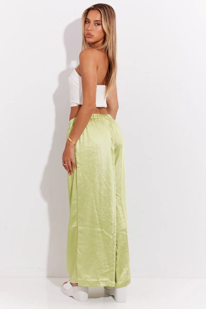 Core Ease Green Pant High Elastic Waist Tie Front Wide Leg Satin