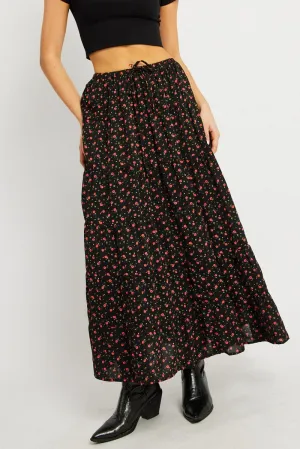 Timeless Touch Black Ditsy Maxi Skirt Tiered High Rise