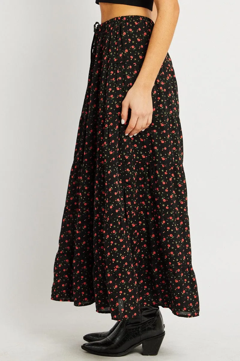 Black Ditsy Maxi Skirt Tiered High Rise Hemp Blend High low hem